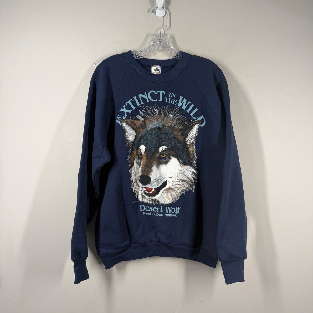 Vtg Fruit of the Loom Desert Wolf Extinct in the Wild Sweatshirt Navy Blue Sz L